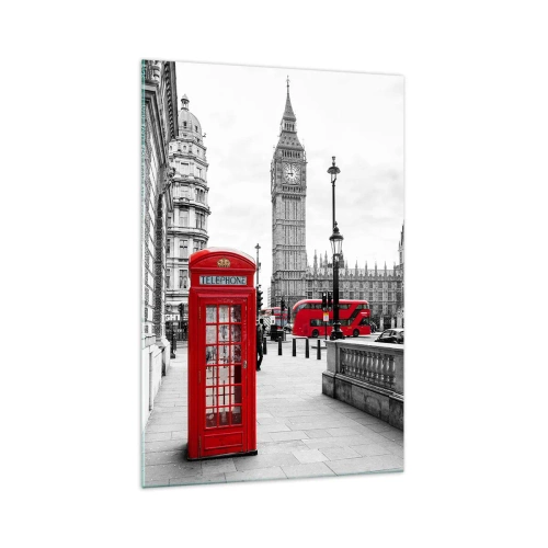 Glasbild - Bild auf glas - Eine rote Telefonzelle mit Big Ben im Hintergrund in London - 70x100cm - London, ohne Zweifel - Moderne Wanddekoration für Wohnzimmer und Schlafzimmer ARTTOR