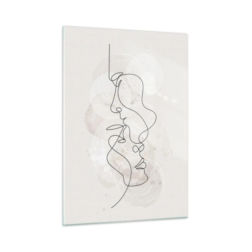 Glasbild - Bild auf glas - Eine minimalistische Zeichnung der Gesichter zweier Menschen in einer subtilen, sinnlichen Umarmung. - 50x70cm - Verstrickt in eine Umarmung - Moderne Wanddekoration für Wohnzimmer und Schlafzimmer ARTTOR