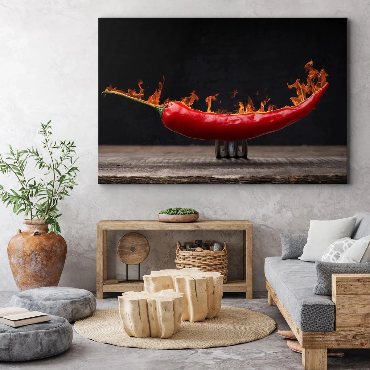 Bild auf Leinwand - Leinwandbild - Feurige rote Paprika auf einer Gabel - 120x80cm - Eine feurige Vorspeise - Moderne Wanddekoration für Wohnzimmer und Schlafzimmer ARTTOR