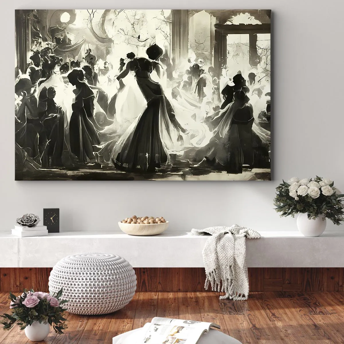 Bild auf Leinwand - Leinwandbild - Ball im Retro-Stil in Schwarz und Weiß - 70x50cm - Die große Maskerade - Moderne Wanddekoration für Wohnzimmer und Schlafzimmer ARTTOR