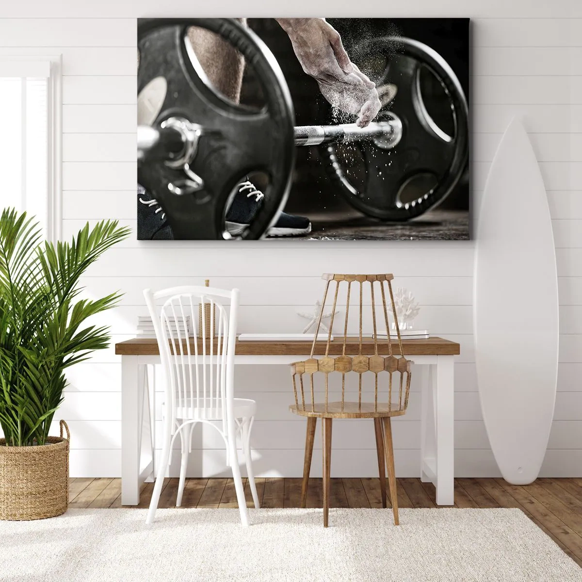 Bild auf Leinwand - Leinwandbild - Hanteln und die Hände eines Sportlers bereiten sich auf das Training vor - 100x70cm - Herausforderung angenommen! - Moderne Wanddekoration für Wohnzimmer und Schlafzimmer ARTTOR