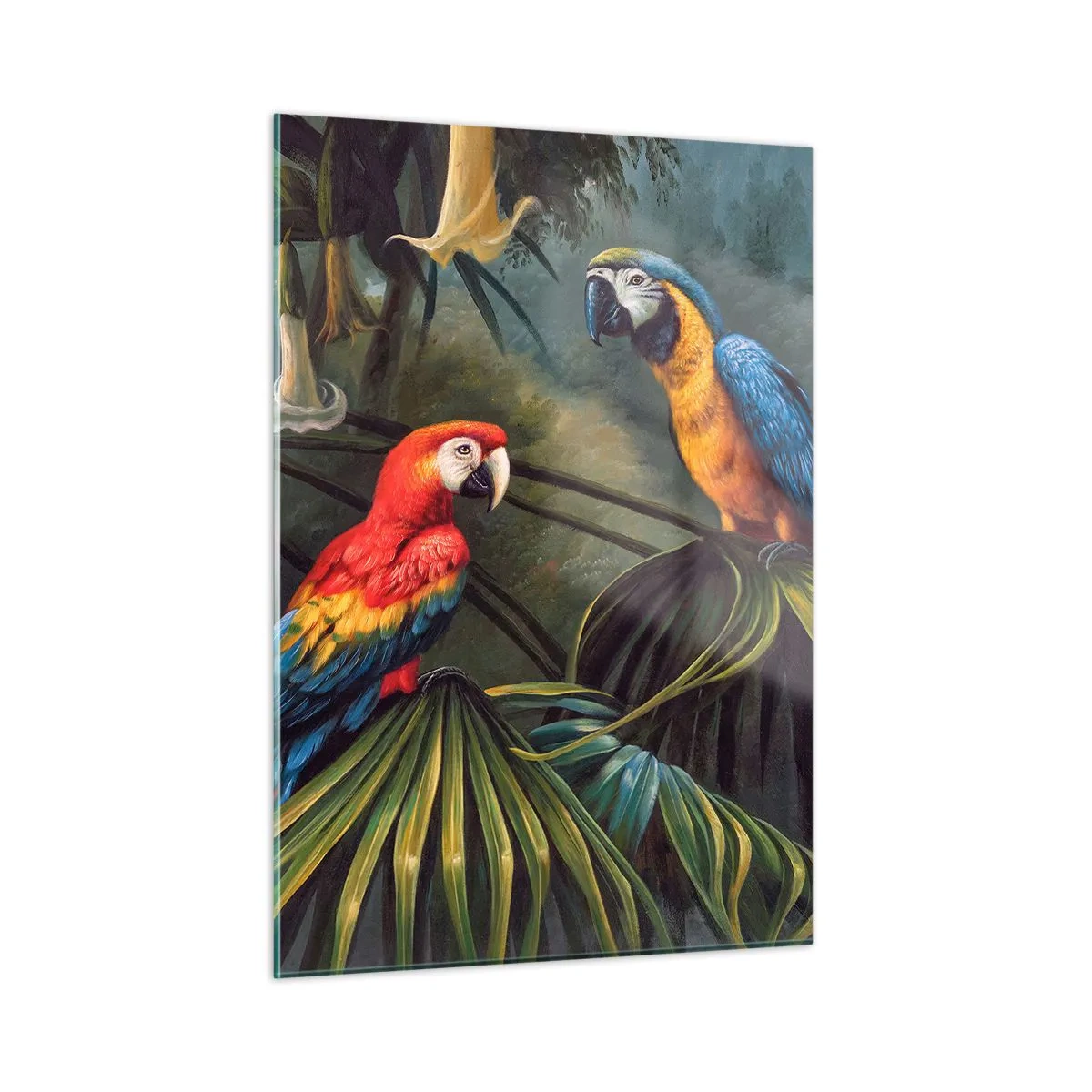 Glasbild - Bild auf glas - Zwei bunte Papageien vor dem Hintergrund eines tropischen Dschungels - 50x70cm - Romantik in den Tropen - Moderne Wanddekoration für Wohnzimmer und Schlafzimmer ARTTOR