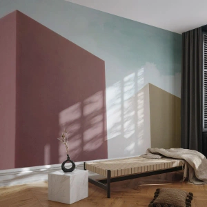 Fototapete Premium Sand - Minimalistische geometrische Formen vor dem Sommerhimmel - 100x70cm - Geometrie des sonnigen Sommers - Moderne Wanddekoration für Wohnzimmer und Schlafzimmer ARTTOR