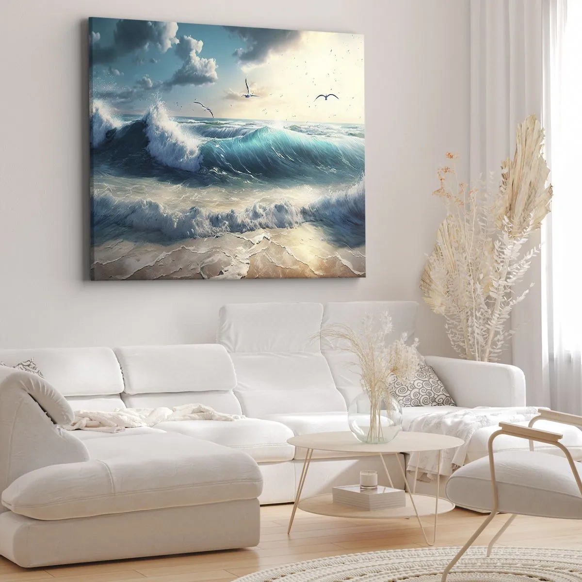 Bild auf Leinwand - Leinwandbild - Meereswellen am Strand unter blauem Himmel mit Möwen - 70x50cm - Es summt nur für dich - Moderne Wanddekoration für Wohnzimmer und Schlafzimmer ARTTOR