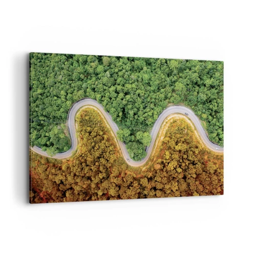 Bild auf Leinwand - Leinwandbild - Eine kurvenreiche Straße durch den Wald aus der Vogelperspektive gesehen - 100x70cm - Grenzen und Durchbrüche - Moderne Wanddekoration für Wohnzimmer und Schlafzimmer ARTTOR