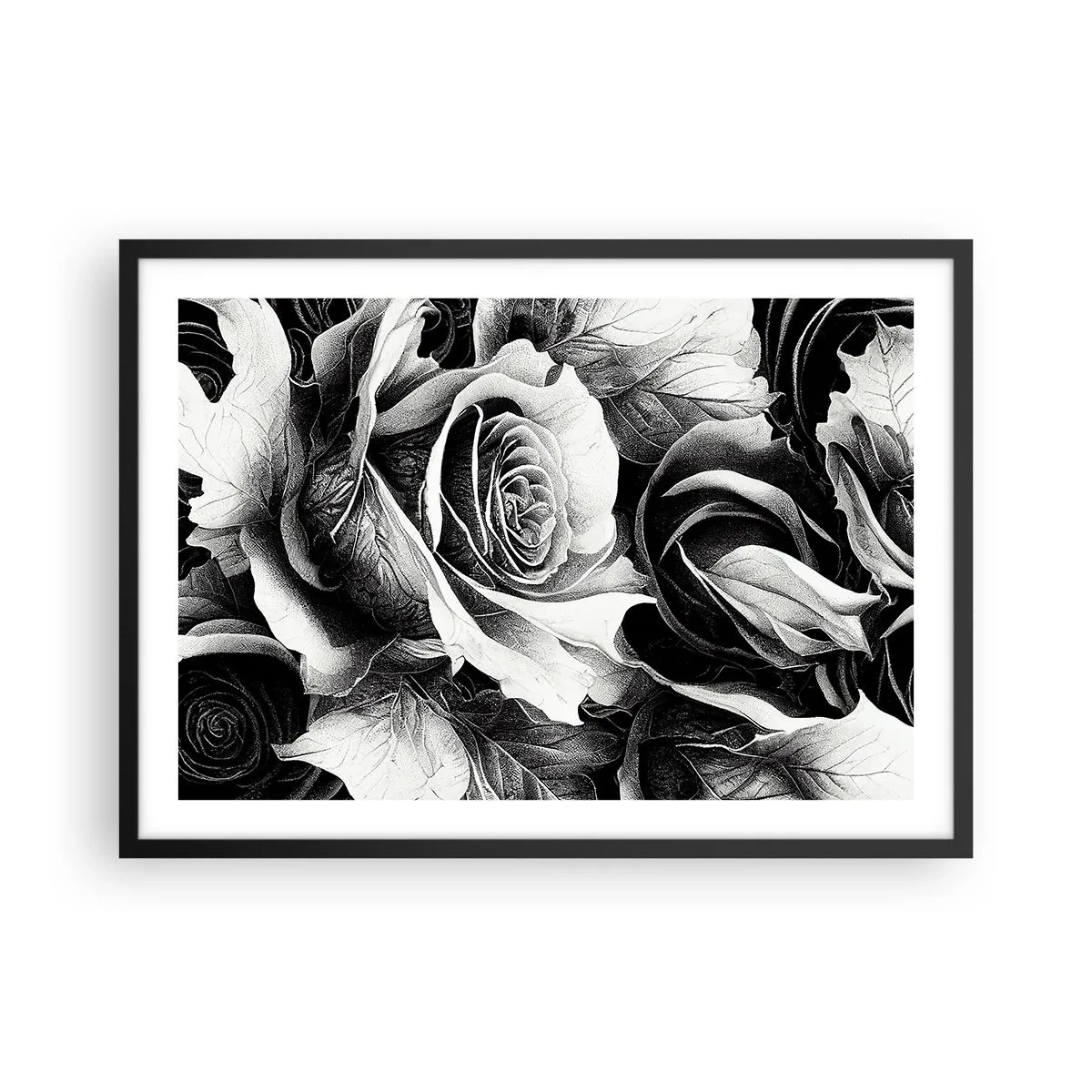 Poster in einem schwarzem Rahmen - Schwarze und weiße Rosen in einer eleganten Komposition - 70x50cm - Immer Königin - Moderne Wanddekoration für Wohnzimmer und Schlafzimmer ARTTOR