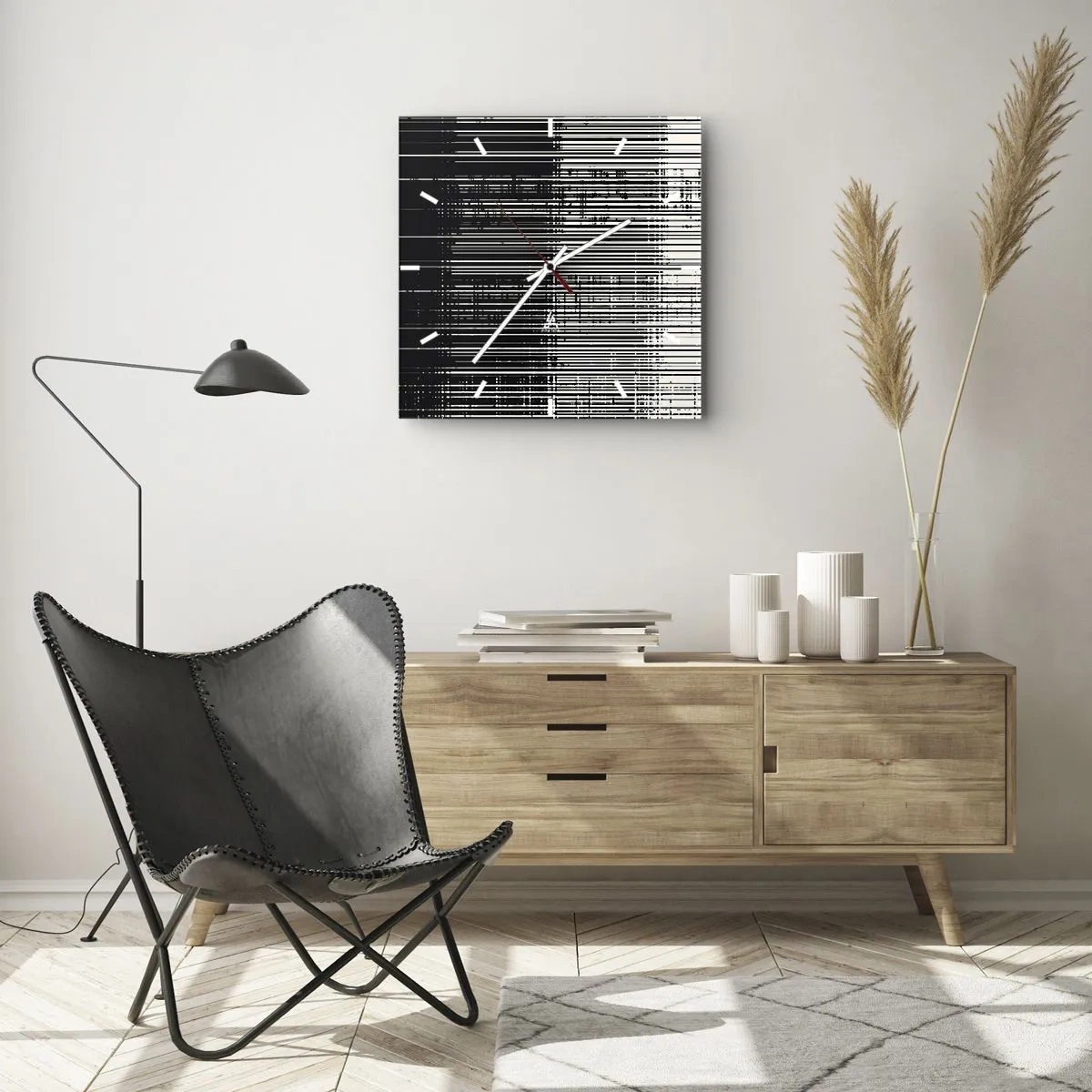 Wanduhr - Glasuhr - Abstrakte Linienkomposition in kontrastierendem Schwarz und Weiß - 30x30cm - Wellen und Vibrationen - Moderne Wanddekoration für Wohnzimmer und Schlafzimmer ARTTOR