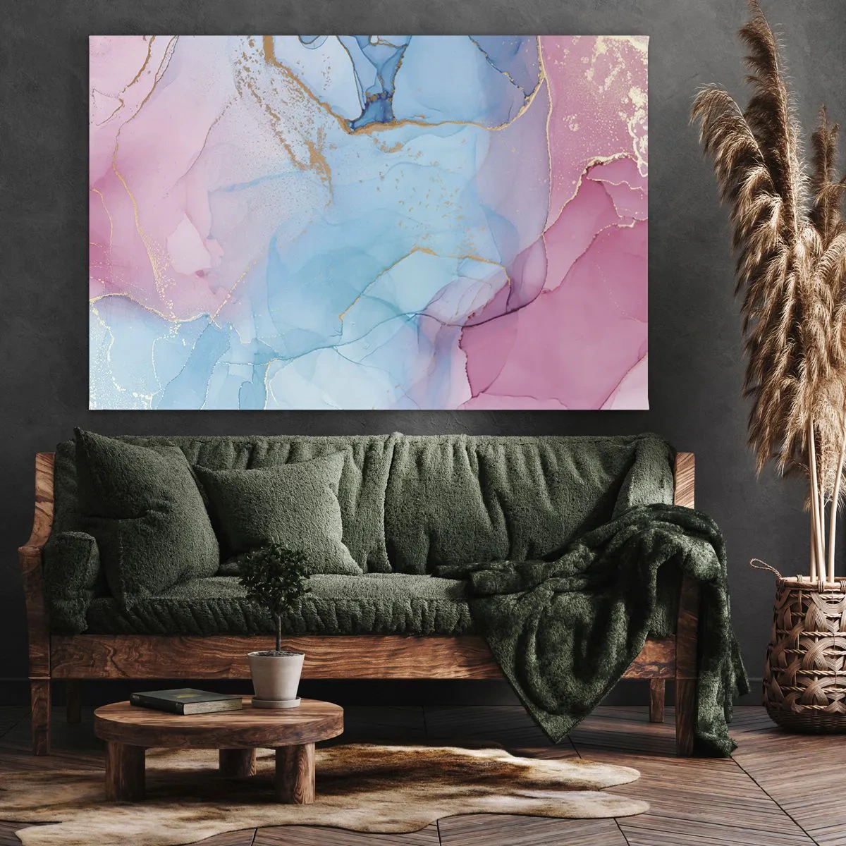 Bild auf Leinwand - Leinwandbild - Abstrakte Pastellmuster mit goldenen Akzenten - 100x70cm - Begegnung und Durchdringung - Moderne Wanddekoration für Wohnzimmer und Schlafzimmer ARTTOR