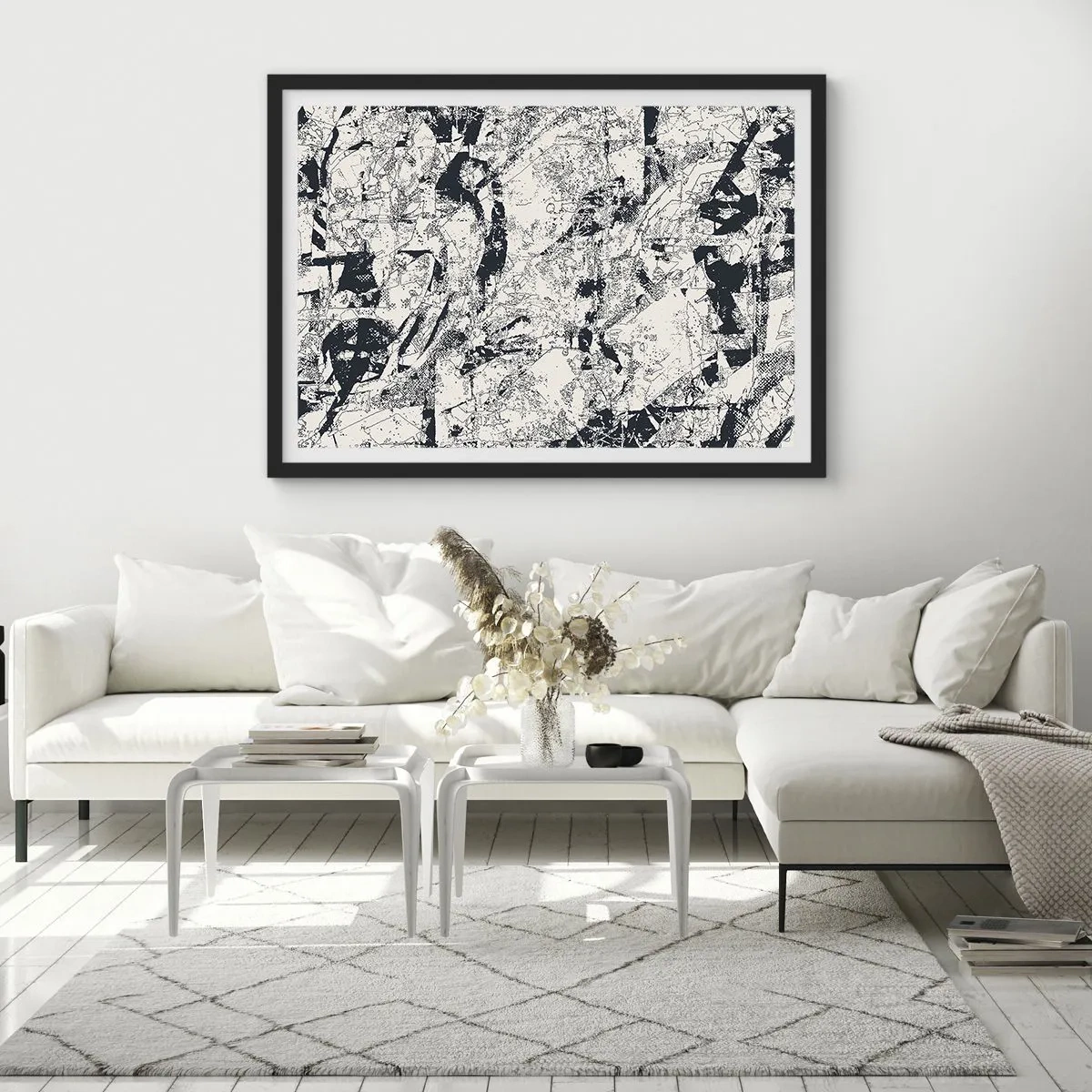 Poster in einem schwarzem Rahmen - Abstrakte Komposition in Schwarzweiß mit dynamischem Layout - 70x50cm - Durchdringung der Gegensätze - Moderne Wanddekoration für Wohnzimmer und Schlafzimmer ARTTOR