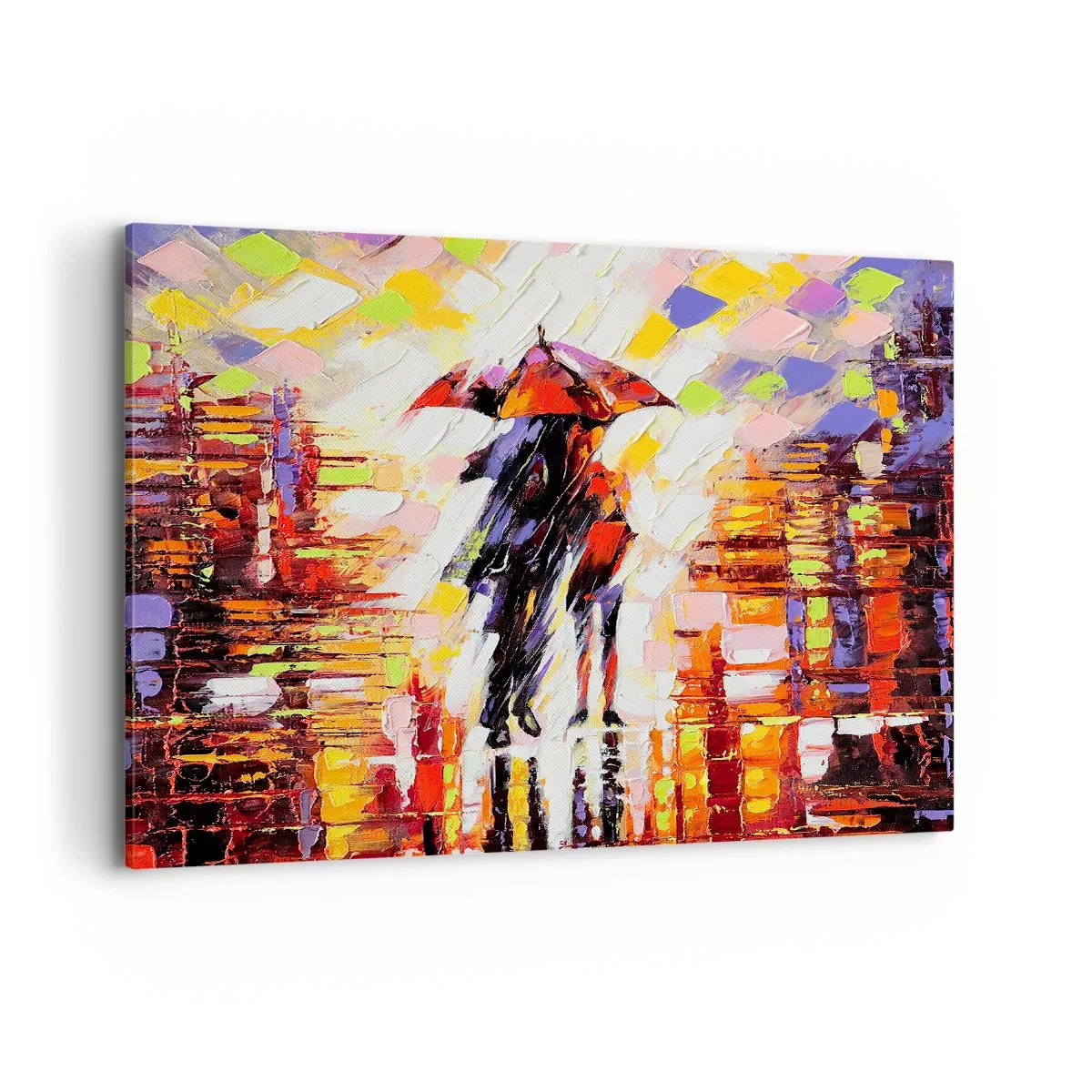 Bild auf Leinwand - Leinwandbild - Eine abstrakte Szene eines Spaziergangs unter einem Regenschirm in einer regnerischen Nacht. - 100x70cm - Gemeinsam durch die Nacht und den Regen - Moderne Wanddekoration für Wohnzimmer und Schlafzimmer ARTTOR