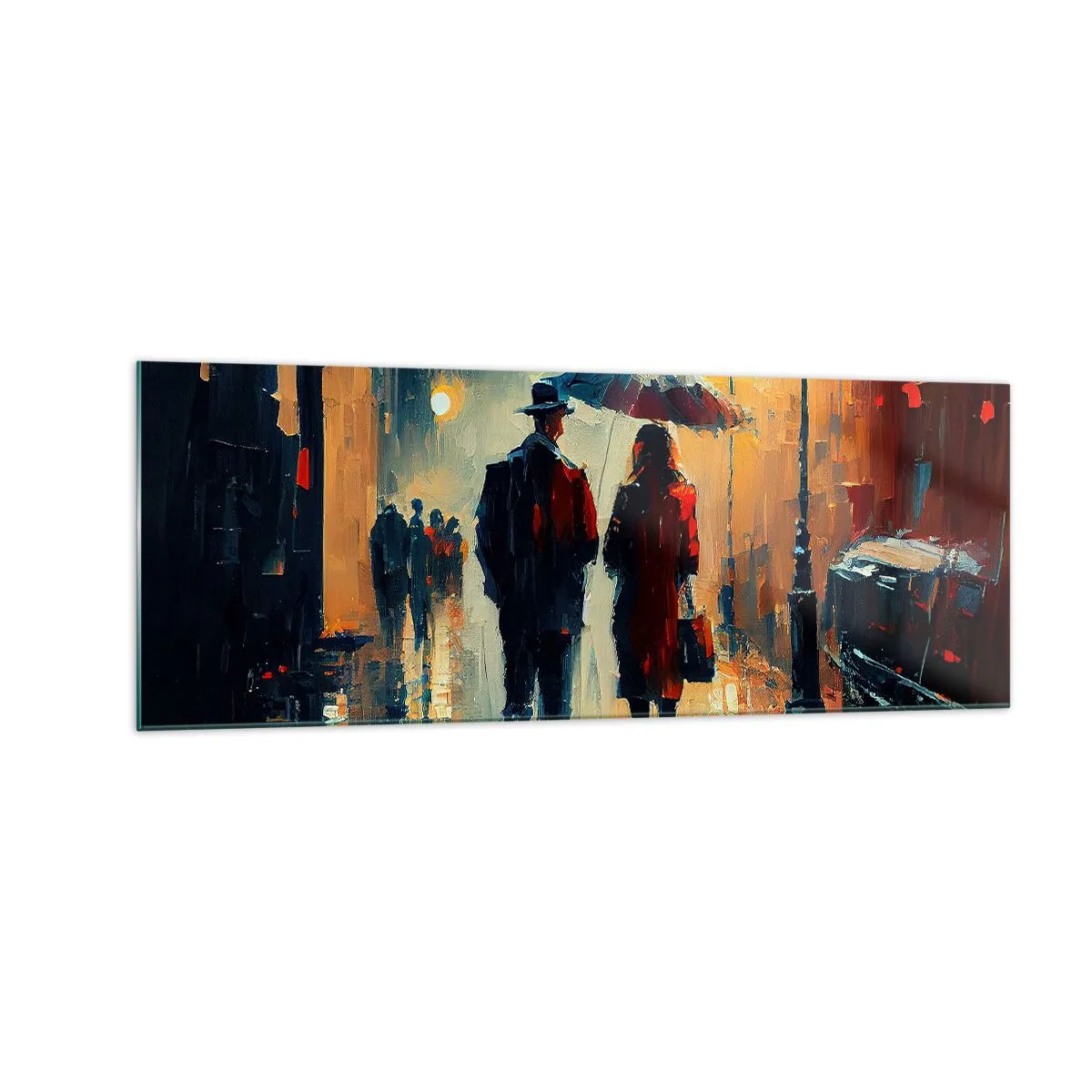 Glasbild - Bild auf glas - Nachts im Regen unter einem Regenschirm in der Stadt spazieren gehen - 140x50cm - Urbane Liebesgeschichte - Moderne Wanddekoration für Wohnzimmer und Schlafzimmer ARTTOR