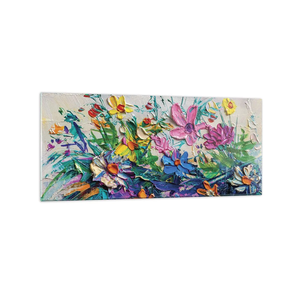 Glasbild - Bild auf glas - Ein bunter Blumenstrauß, gemalt in der Impasto-Technik - 120x50cm - Überhaupt kein Stillleben - Moderne Wanddekoration für Wohnzimmer und Schlafzimmer ARTTOR