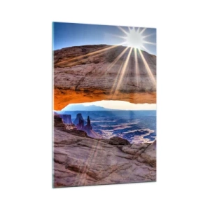 Glasbild - Bild auf glas - Felsbogen mit Sonnenstrahlen vor dem Landschaftshintergrund - 50x70cm - Durch das Felsentor - Moderne Wanddekoration für Wohnzimmer und Schlafzimmer ARTTOR