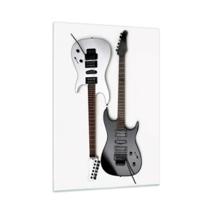 Glasbild - Bild auf glas - Schwarze und weiße E-Gitarren auf weißem Hintergrund - 50x70cm - Harmonie der Formen - Moderne Wanddekoration für Wohnzimmer und Schlafzimmer ARTTOR