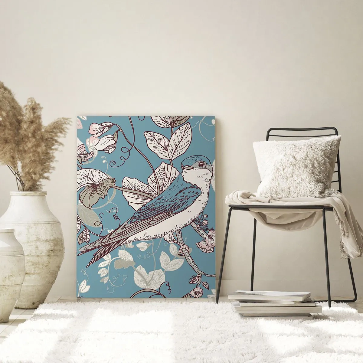 Glasbild - Bild auf glas - Ein Vogel auf einem Ast zwischen Blumen auf türkisfarbenem Hintergrund - 50x70cm - Im Weißholz von Rot und Silber - Moderne Wanddekoration für Wohnzimmer und Schlafzimmer ARTTOR