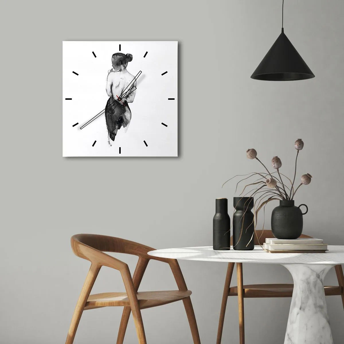 Wanduhr - Glasuhr - Die Figur einer Frau, eingefangen in subtilem Aquarell - 30x30cm - Bei ihr verschwindet die Welt - Moderne Wanddekoration für Wohnzimmer und Schlafzimmer ARTTOR