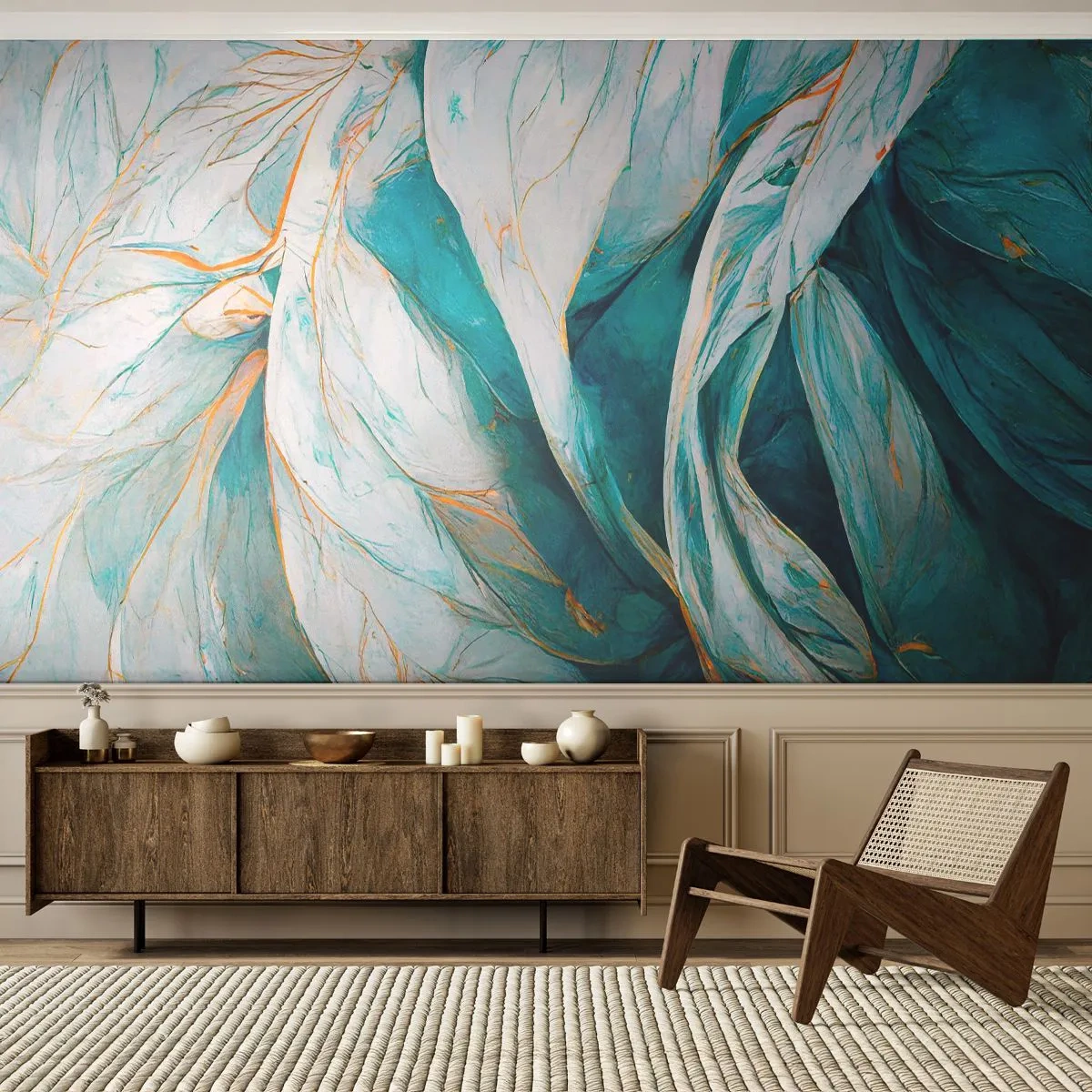 Selbstklebende Fototapete Deluxe Sticker - Blaue Abstraktion mit goldenem Motiv - Stück, Art Deco, Subtil - 100x70 cm