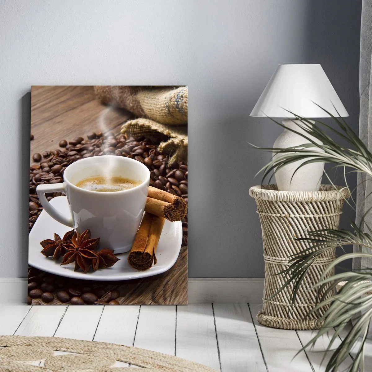 Bild auf Leinwand - Leinwandbild - Eine Tasse Kaffee mit Zimt und Anis auf einem Hintergrund aus Kaffeebohnen - 50x70cm - Würziger Geschmack und Aroma - Moderne Wanddekoration für Wohnzimmer und Schlafzimmer ARTTOR