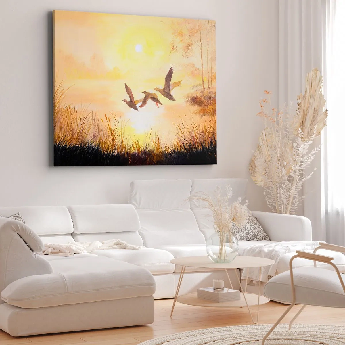 Bild auf Leinwand - Leinwandbild - Enten fliegen bei Sonnenaufgang über den See - 100x70cm - Der Beginn einer langen Reise - Moderne Wanddekoration für Wohnzimmer und Schlafzimmer ARTTOR