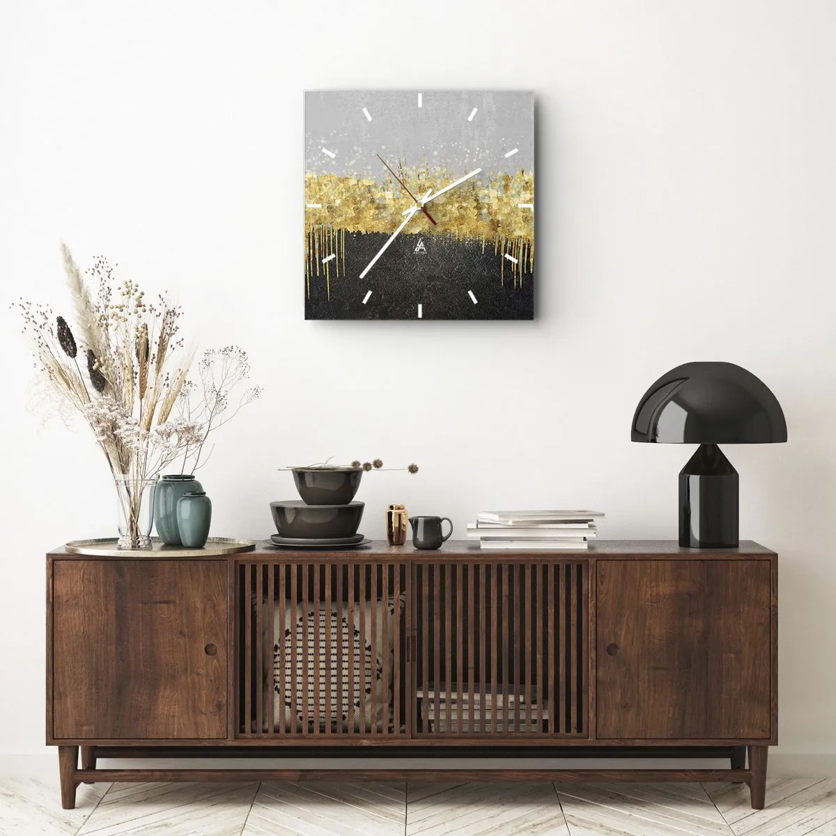 Wanduhr - Glasuhr - Abstrakte Komposition in Gold- und Schwarztönen - 30x30cm - Nach innen und nach oben - Moderne Wanddekoration für Wohnzimmer und Schlafzimmer ARTTOR