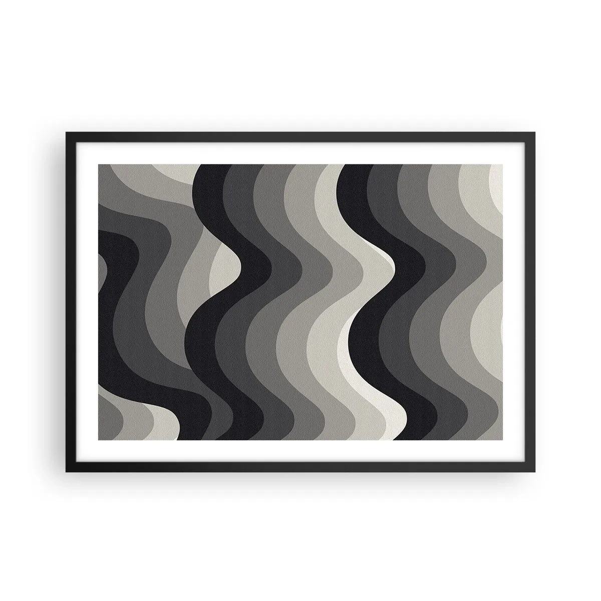 Poster in einem schwarzem Rahmen - Schwarz-weiße Wellenmuster in Grautönen - 70x50cm - Eine Welle nach der anderen - Moderne Wanddekoration für Wohnzimmer und Schlafzimmer ARTTOR