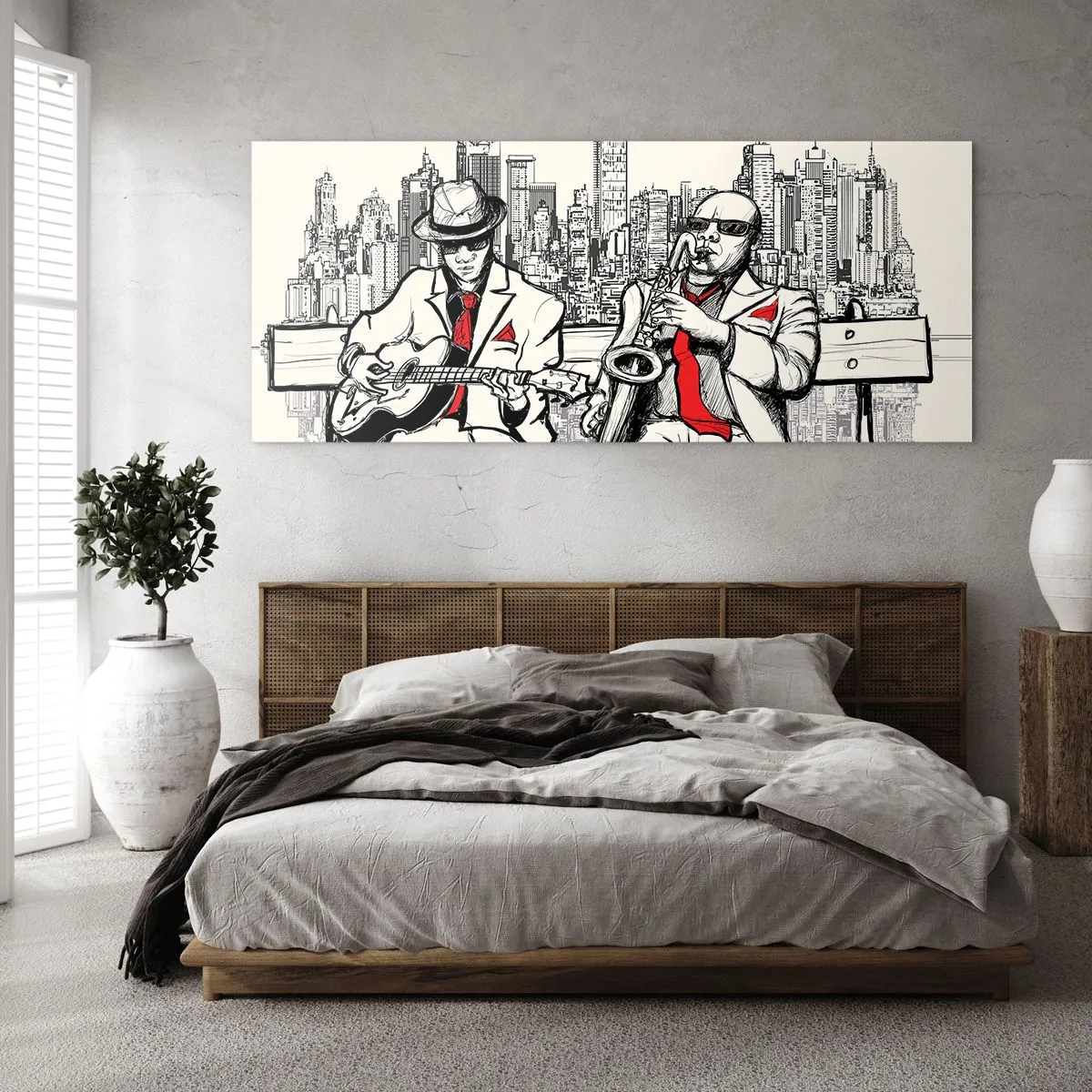 Glasbild - Bild auf glas - Ein Jazzduo mit Saxophon und Gitarre vor der Kulisse der Stadt - 160x50cm - New Yorker Improvisation - Moderne Wanddekoration für Wohnzimmer und Schlafzimmer ARTTOR