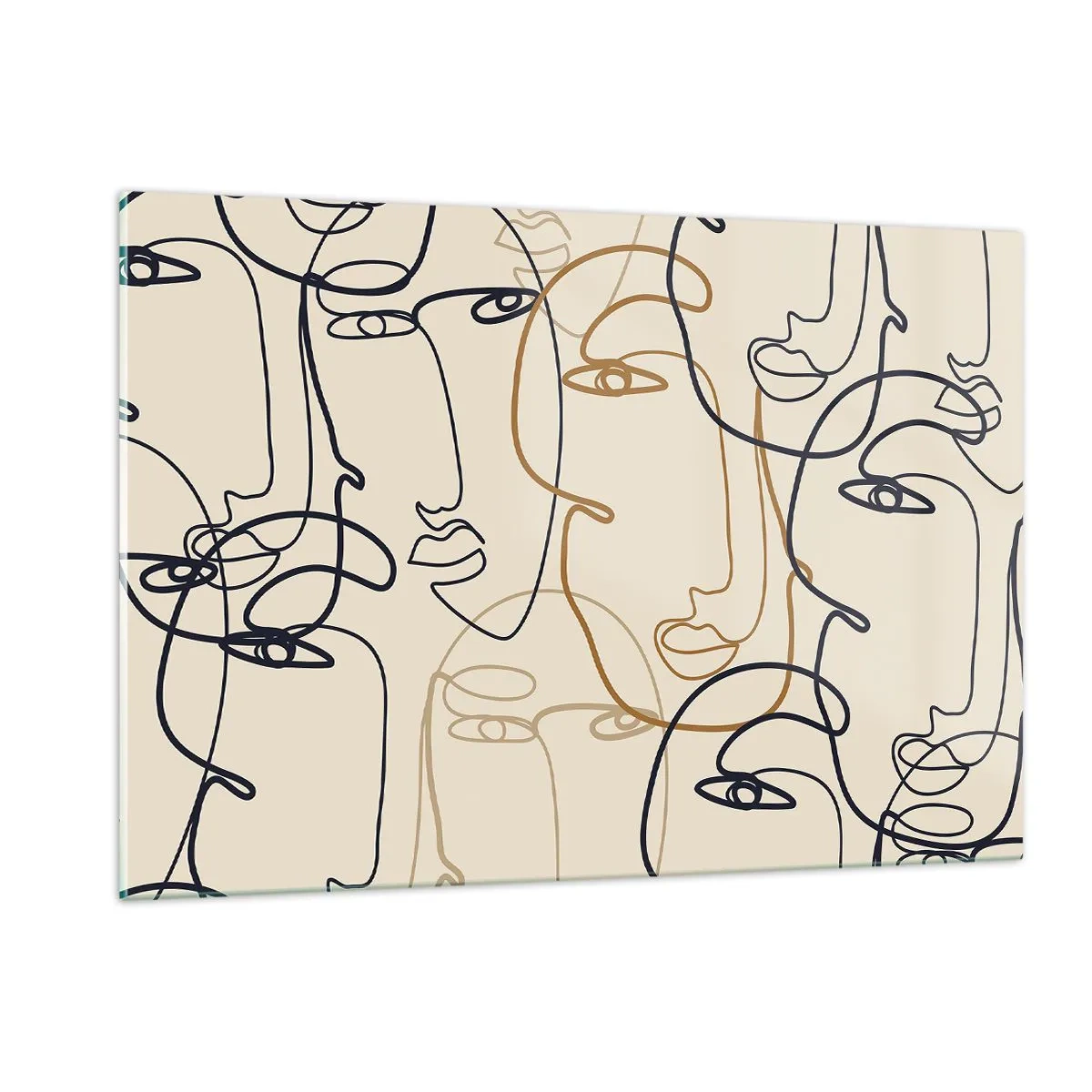 Glasbild - Bild auf glas - Konturierte Gesichter in einem Strich auf Beige gezeichnet - 120x80cm - Das Porträt wird multipliziert - Moderne Wanddekoration für Wohnzimmer und Schlafzimmer ARTTOR
