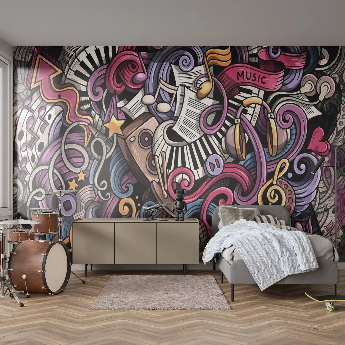Fototapete Premium Sand - Bunte Abstraktion mit musikalischen Symbolen und Instrumenten - 100x70cm - Komplizierte Melodie - Moderne Wanddekoration für Wohnzimmer und Schlafzimmer ARTTOR