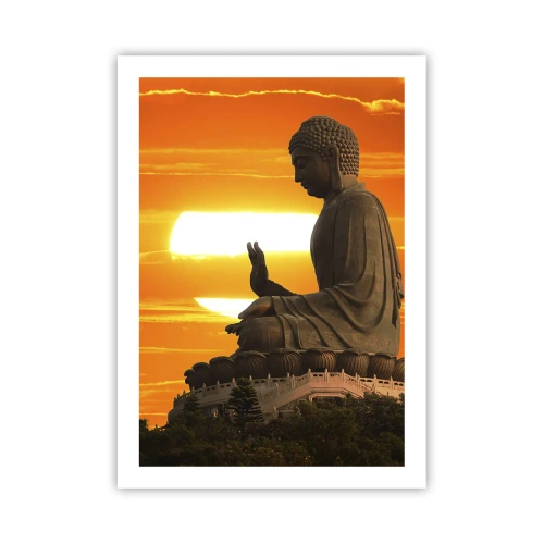 Poster - Eine Buddha-Statue vor einem orangefarbenen Himmel - 50x70cm - Keine Angst vor der Welt - Moderne Wanddekoration für Wohnzimmer und Schlafzimmer ARTTOR