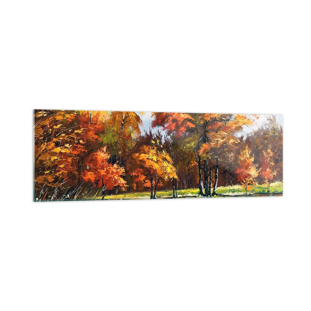 Glasbild - Bild auf glas - Herbstlandschaft mit bunten Bäumen und einem Teich - 160x50cm - Landschaft in Gold und Bronze - Moderne Wanddekoration für Wohnzimmer und Schlafzimmer ARTTOR