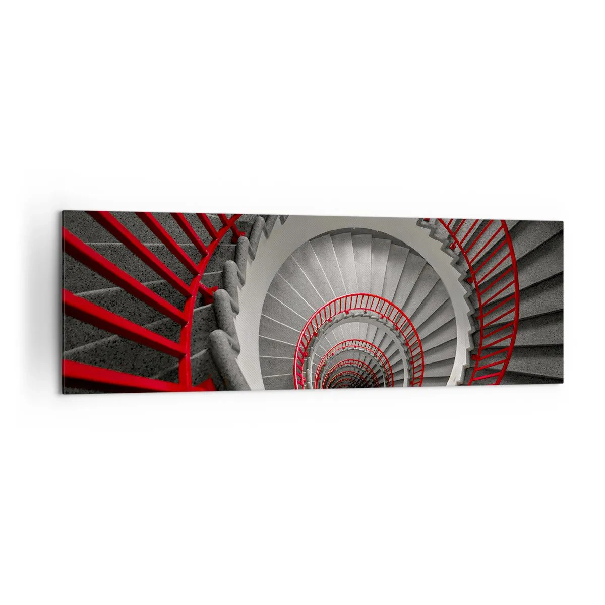 Bild auf Leinwand - Leinwandbild - Wendeltreppe mit roten Handläufen in dynamischer Perspektive - 160x50cm - Architekturspaß - Moderne Wanddekoration für Wohnzimmer und Schlafzimmer ARTTOR