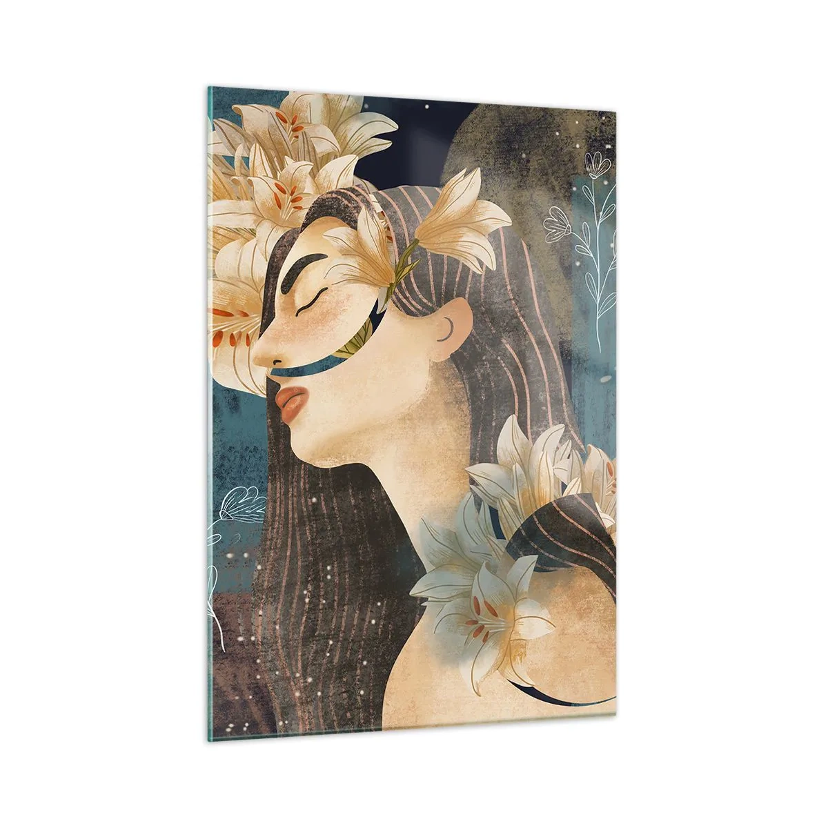 Glasbild - Bild auf glas - Eine weibliche Figur mit Lilien im Märchenstil - 50x70cm - Ein Märchen über eine Prinzessin mit Lilien - Moderne Wanddekoration für Wohnzimmer und Schlafzimmer ARTTOR
