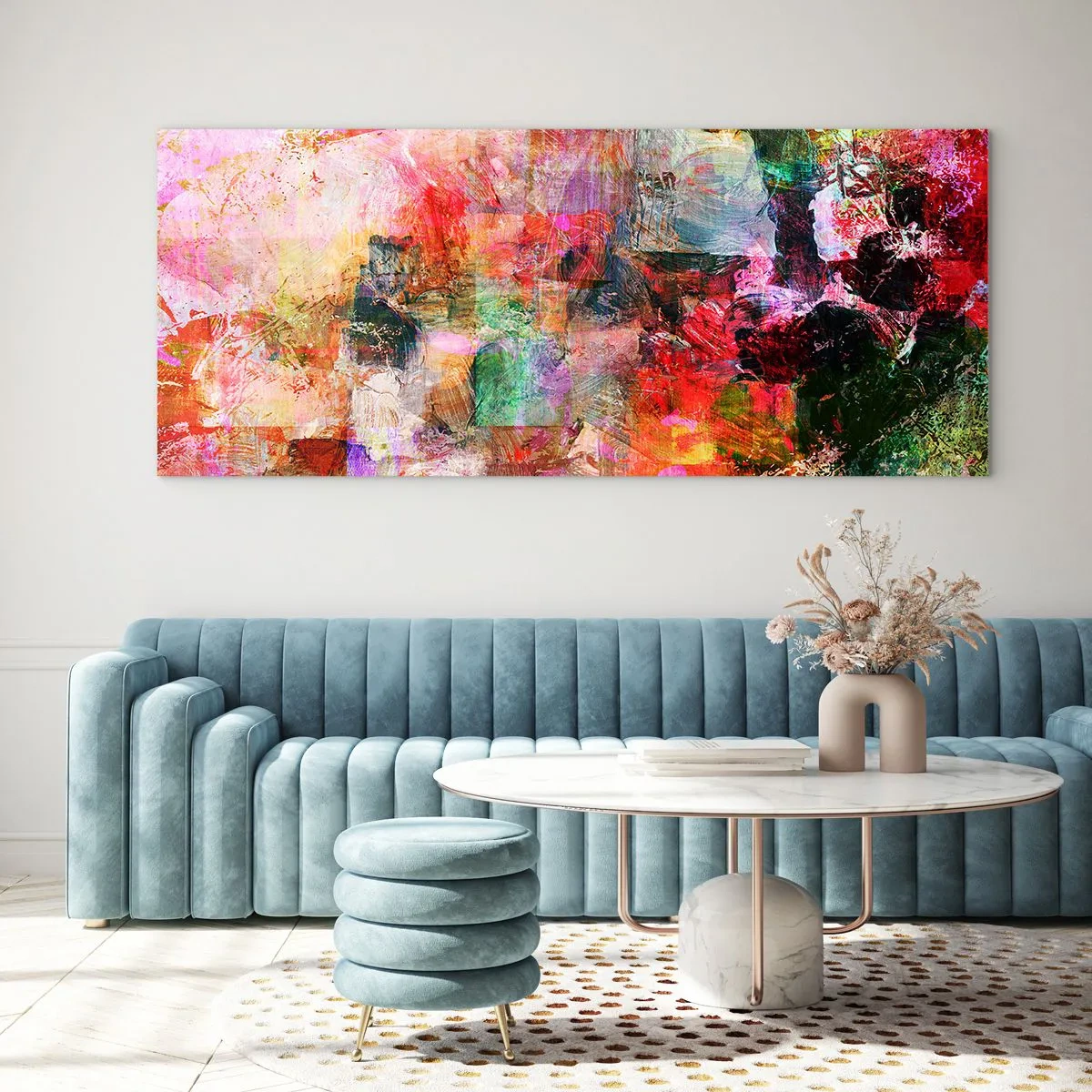 Glasbild - Bild auf glas - Eine abstrakte Komposition mit dominanten Rosa- und Rottönen. - 140x50cm - Eine Reise durch die Rosen - Moderne Wanddekoration für Wohnzimmer und Schlafzimmer ARTTOR