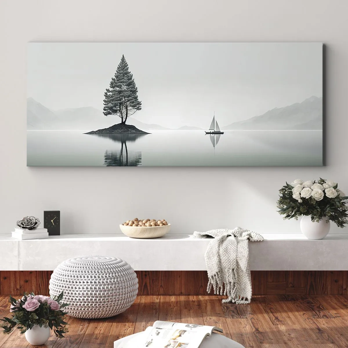 Bild auf Leinwand - Leinwandbild - Eine minimalistische Landschaft mit einem Baum auf einer Insel und einem Segelboot. - 140x50cm - Traum - Moderne Wanddekoration für Wohnzimmer und Schlafzimmer ARTTOR