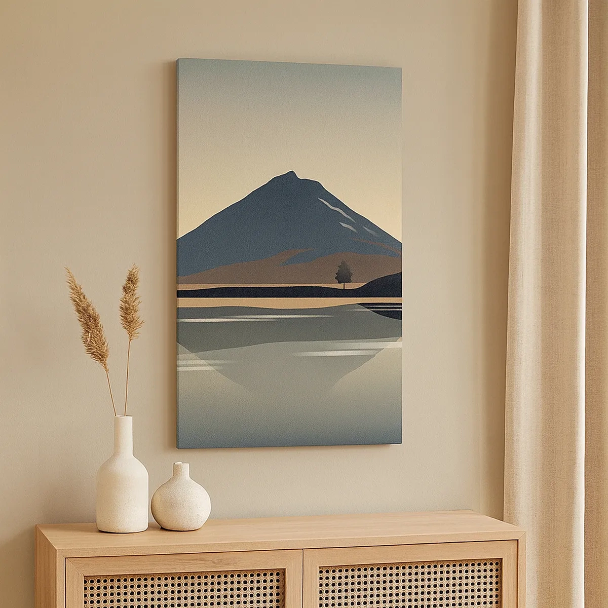 Bild auf Leinwand - Leinwandbild - Minimalistische Berglandschaft mit Spiegelung im Wasser - 50x70cm - Spiegelreflexion - Moderne Wanddekoration für Wohnzimmer und Schlafzimmer ARTTOR