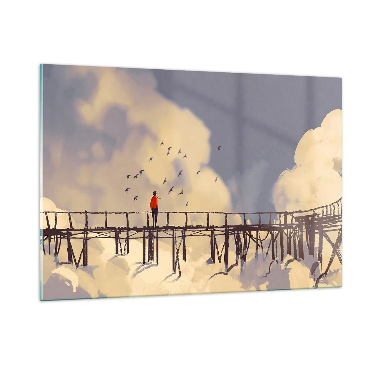 Glasbild - Bild auf glas - Ein Mann auf einer Holzbrücke, umgeben von Wolken - 120x80cm - Blaue Sehnsucht - Moderne Wanddekoration für Wohnzimmer und Schlafzimmer ARTTOR
