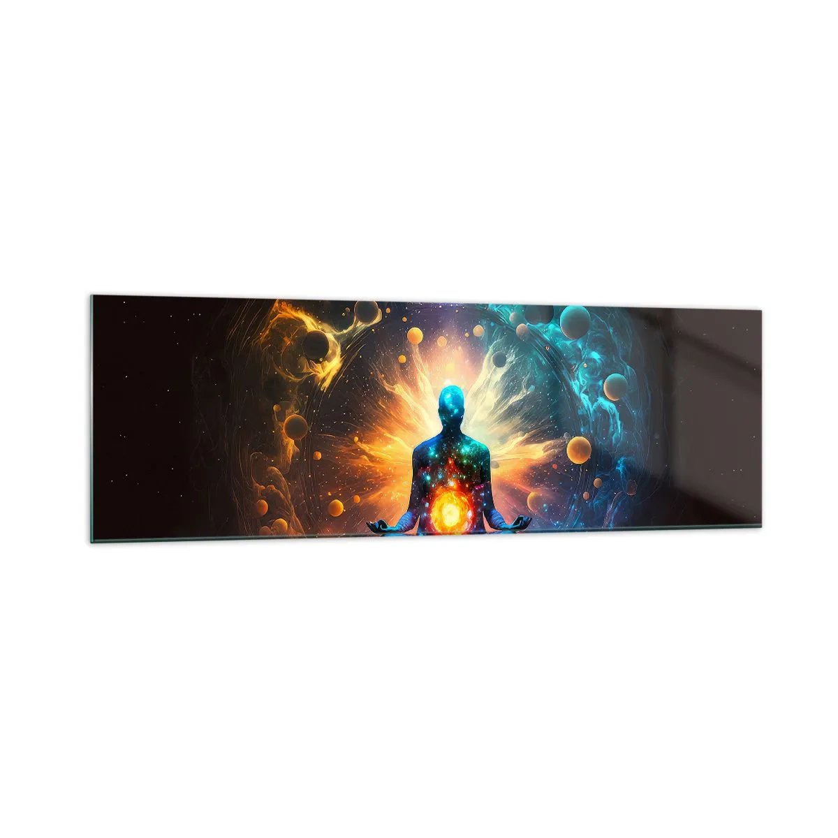 Glasbild - Bild auf glas - Eine meditierende Figur, umgeben von einer kosmischen Aura - 160x50cm - Kosmischer Frieden - Moderne Wanddekoration für Wohnzimmer und Schlafzimmer ARTTOR
