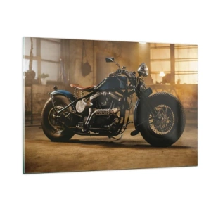 Glasbild - Bild auf glas - Stimmungsvolle Aufnahme eines klassischen Motorrads in einer Garage - 120x80cm - Ich kann alles  - Moderne Wanddekoration für Wohnzimmer und Schlafzimmer ARTTOR
