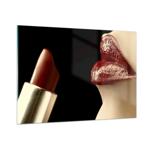 Glasbild - Bild auf glas - Sinnliche Lippen mit karminrotem Lippenstift auf dunklem Hintergrund - 100x70cm - Sinnlichkeit und Brillanz von Karmin - Moderne Wanddekoration für Wohnzimmer und Schlafzimmer ARTTOR