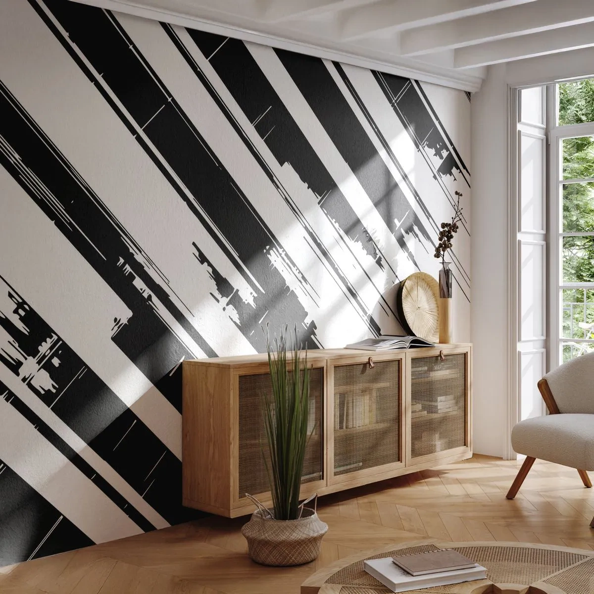 Fototapete Premium Sand - Kontrastreiche diagonale Streifen in Schwarz und Weiß mit grafischem Effekt - 100x70cm - Eine intensive und dynamische Komposition - Moderne Wanddekoration für Wohnzimmer und Schlafzimmer ARTTOR