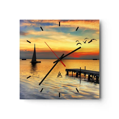 Wanduhr - Glasuhr - Sonnenuntergang mit einem Segelboot und Pier auf einem ruhigen See - 30x30cm - Abendrückkehr - Moderne Wanddekoration für Wohnzimmer und Schlafzimmer ARTTOR