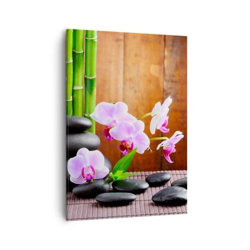 Bild auf Leinwand - Leinwandbild - Bambus, Steine und rosa Orchideen im Zen-Stil auf Holzhintergrund - 50x70cm - Treffen Sie die Freuden des Ostens - Moderne Wanddekoration für Wohnzimmer und Schlafzimmer ARTTOR
