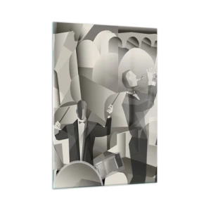 Glasbild - Bild auf glas - Stilisierte Jazzband-Bühne in monochromen Tönen - 50x70cm - Im Raum der Klänge - Moderne Wanddekoration für Wohnzimmer und Schlafzimmer ARTTOR