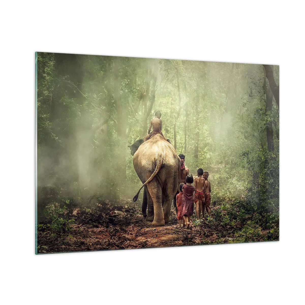 Glasbild - Bild auf glas - Ein Elefant im Wald mit Kindern in traditionellen Kostümen - 100x70cm - Neues Dschungelbuch - Moderne Wanddekoration für Wohnzimmer und Schlafzimmer ARTTOR