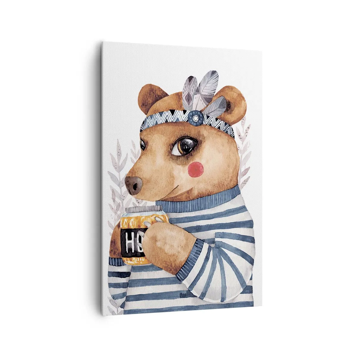 Bild auf Leinwand - Leinwandbild - Ein Teddybär im gestreiften Pullover mit einer Tasse Honig - 80x120cm - Süße Bärin - Moderne Wanddekoration für Wohnzimmer und Schlafzimmer ARTTOR
