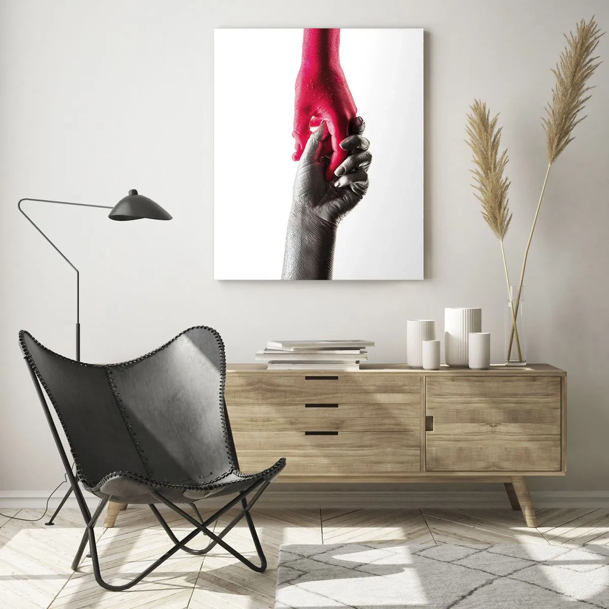 Glasbild - Bild auf glas - Symbolische Hände in Silber und Rot - 70x100cm - Gemeinsam, obwohl anders - Moderne Wanddekoration für Wohnzimmer und Schlafzimmer ARTTOR