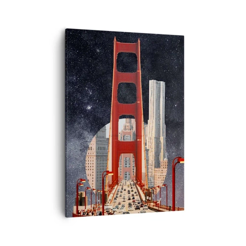 Bild auf Leinwand - Leinwandbild - Die Golden Gate Bridge mit der Stadt im Hintergrund vor einem Sternenhimmel - 50x70cm - Immer im Mittelpunkt - Moderne Wanddekoration für Wohnzimmer und Schlafzimmer ARTTOR