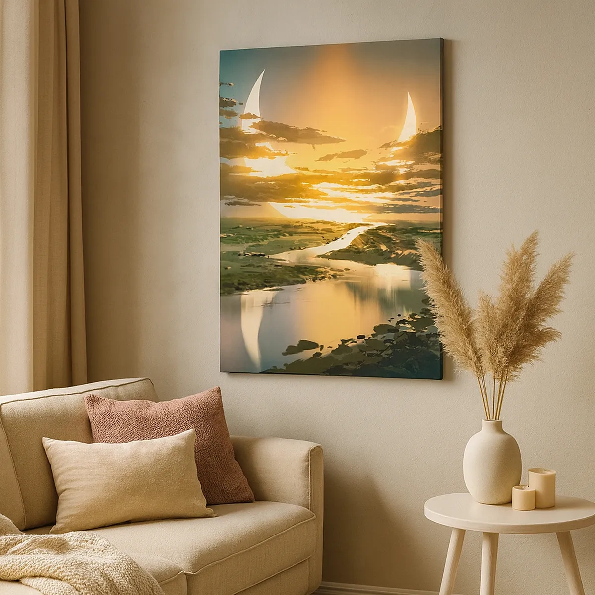 Bild auf Leinwand - Leinwandbild - Eine fantastische Landschaft mit zwei Monden am Horizont - 50x70cm - Irgendwo in einer weit, weit entfernten Galaxie - Moderne Wanddekoration für Wohnzimmer und Schlafzimmer ARTTOR