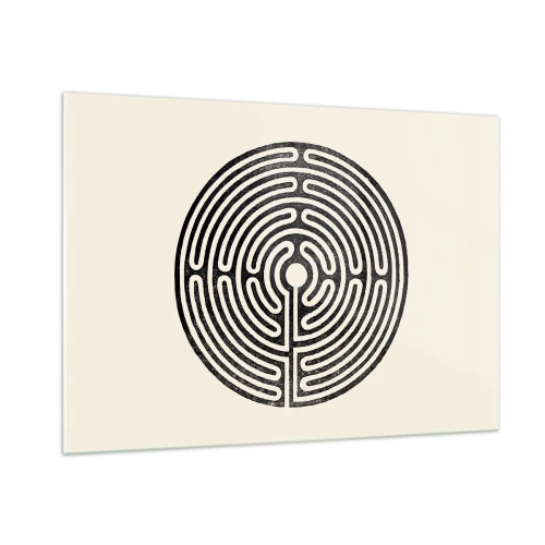 Glasbild - Bild auf glas - Ein schwarz-weißes Labyrinth in kreisförmiger Form auf hellem Hintergrund. - 100x70cm - Geheimnisvolle Ordnung - Moderne Wanddekoration für Wohnzimmer und Schlafzimmer ARTTOR