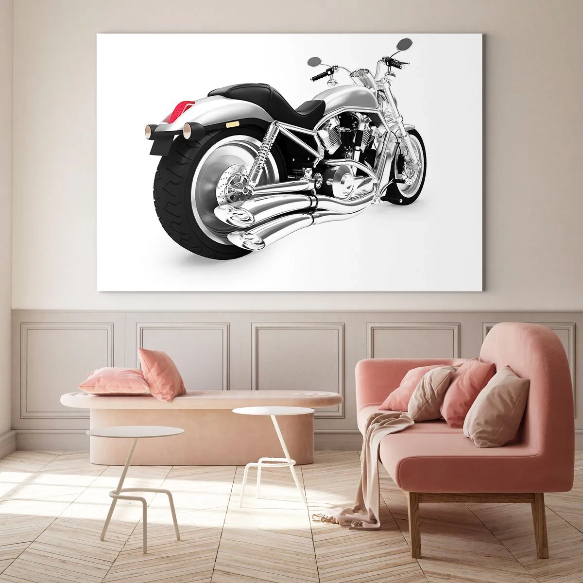 Glasbild - Bild auf glas - Ein verchromtes Motorrad im modernen Stil auf weißem Hintergrund - 120x80cm - Ein Sammlertraum - Moderne Wanddekoration für Wohnzimmer und Schlafzimmer ARTTOR